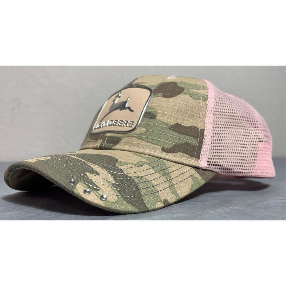 NEW John Deere Pink Camo Liquid Metal Logo Rhinestones Cap Tractor Girl Tags